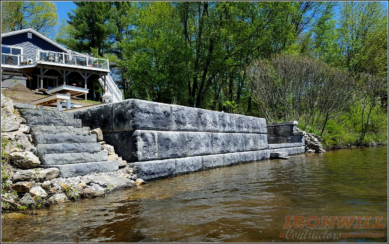 Ironwill Contractors, LLC - waterfront retaining wall using precast concrete blocks Ironwill Contractors, LLC - waterfront retaining wall using precast concrete blocks